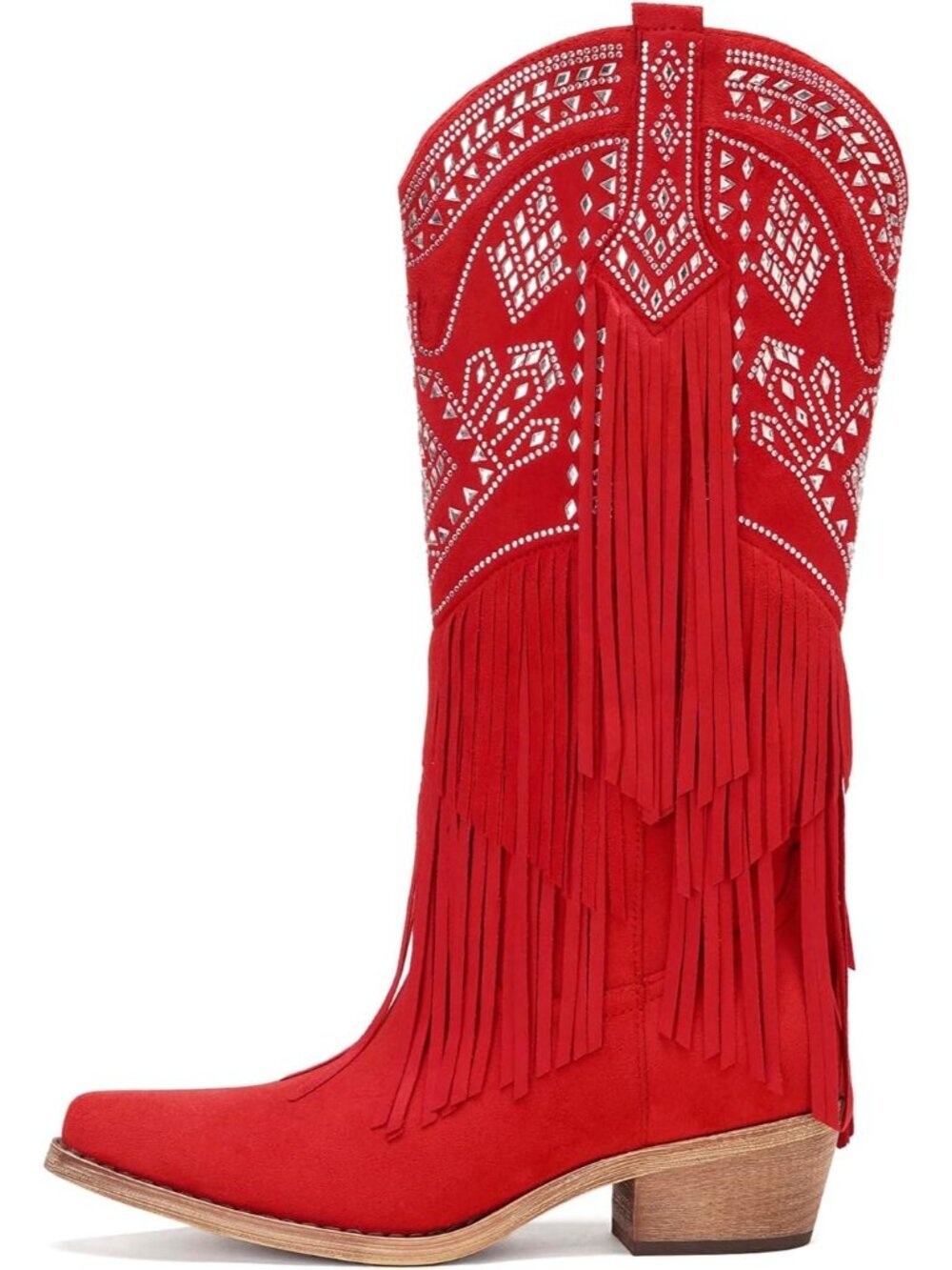 Women's Knee High Cowgirl Fringe Boots Red Rhinestone Chunky Heel Pointed Toe - Picture 4 of 6